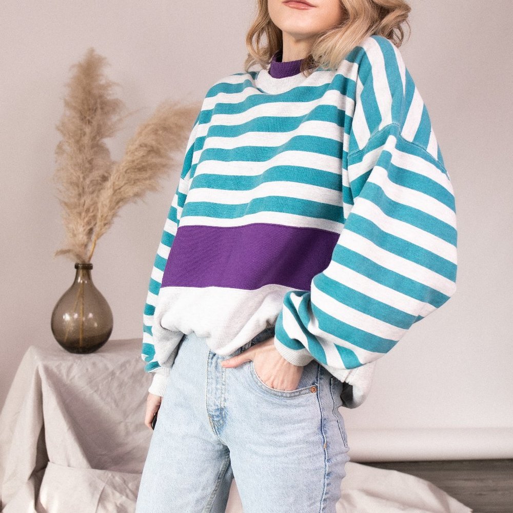 Vintage 80s color block stripe crewneck sweater